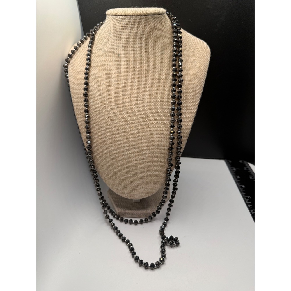 Vintage Long Black Faceted Glass Bead Rope Necklace 60 Inch Continuous Loop